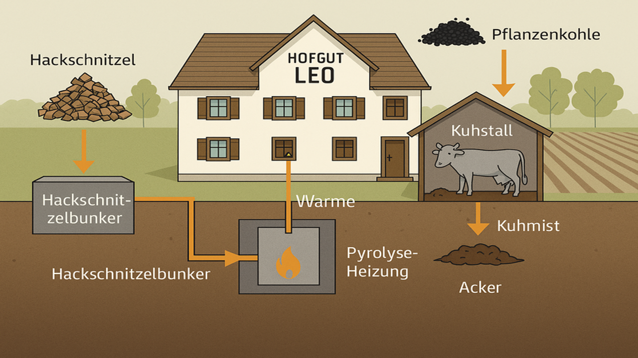 Pyrolyseheizung Prototyp für Hackschnitzel & Pflanzenkohle Nutzung in regenerativer Landwirtschaft