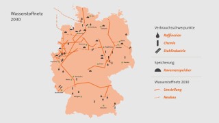 Deutschlandkarte: Geplantes Wasserstoffnetz in 2030